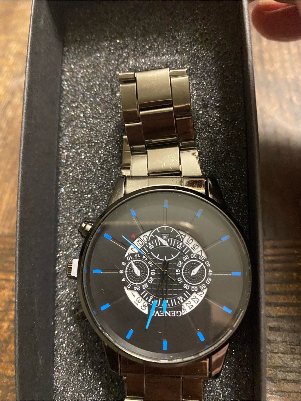 New Men's Black Stainless Steel Watch with Blue Accents